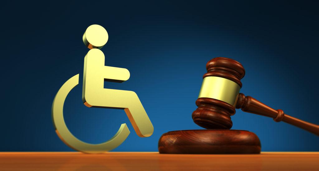 wheelchair icon and judge gavel 3D illustration